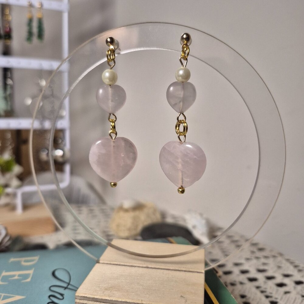 Rose Quartz Hearts Earings - Picture 7 of 8
